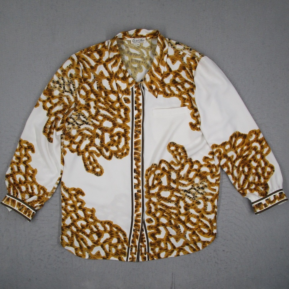 Emillie Emiko Yamaguchi Womens Abstract Animal Print Blouse Ochre White Medium